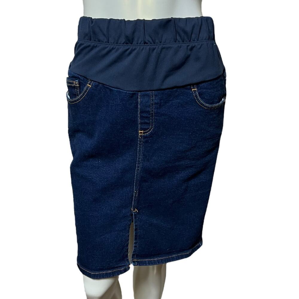 Mimi Maternity Dark Wash Denim Pencil Skirt Stretch Panel Size M Knee Length